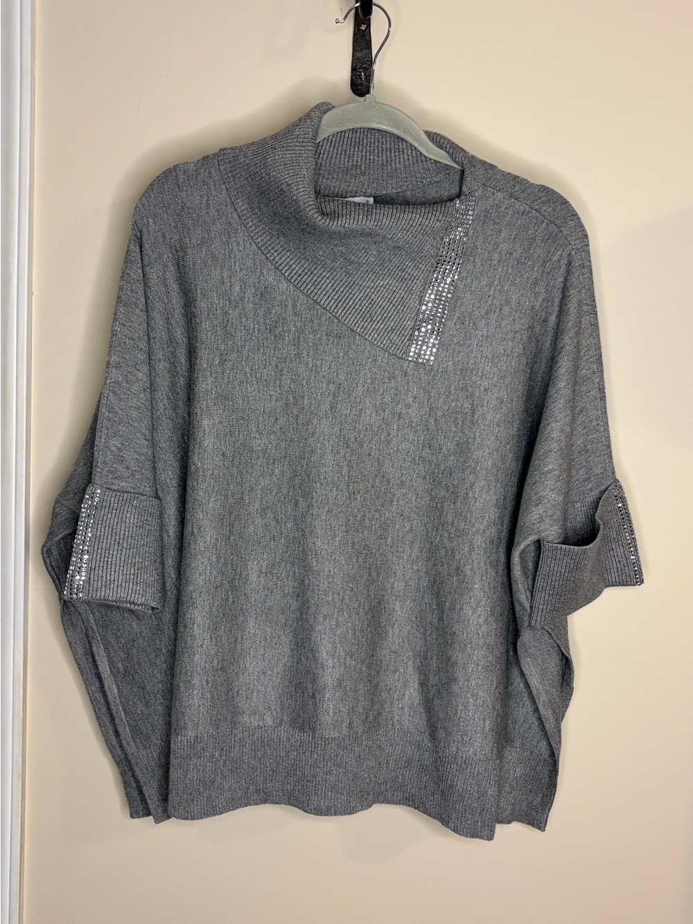 Chico's Gray Sequin-Trim Funnel Neck Sweater